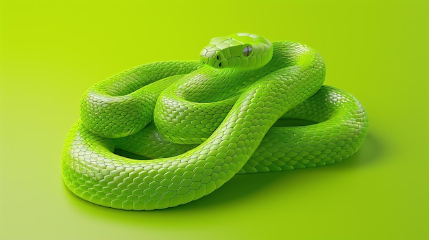 Un serpente verde arrotolato su uno sfondo verde il serpente sta guardando la telecamera con gli occhi chiusi il corpo del serpente è coperto di squame