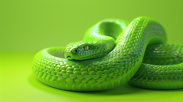 Un serpente verde arrotolato su uno sfondo verde il serpente sta guardando la telecamera con i suoi occhi gialli il corpo del serpente è coperto di squame luccicanti