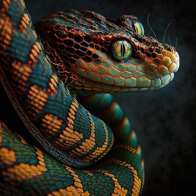 Un serpente verde con un motivo blu e arancione