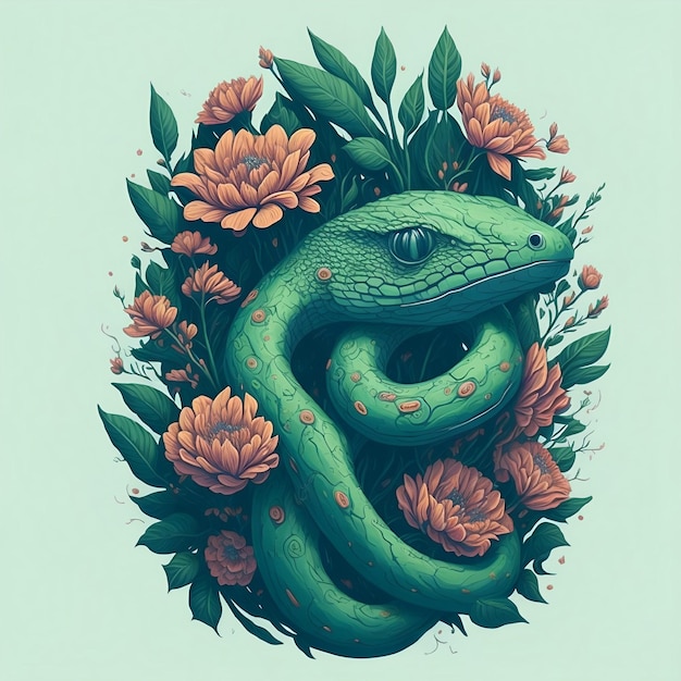 Un serpente verde è circondato da fiori e ha una macchia gialla sul davanti.