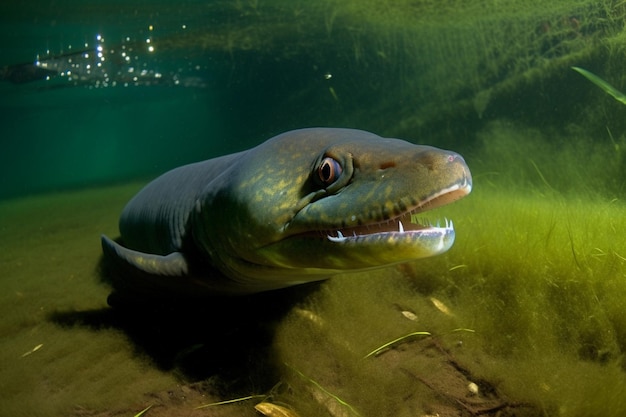 Un serpente verde nell'acqua con sopra la parola serpente