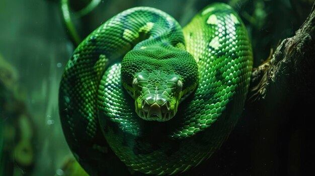 Un serpente verde, predatore elegante e furbo della natura