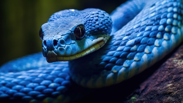 Un serpente vipera blu sul ramo su sfondo nero