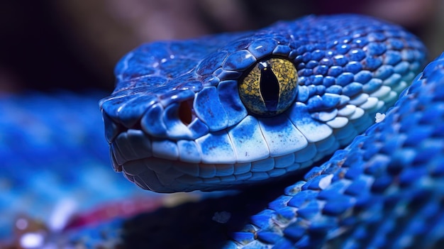Un serpente vipera blu sul ramo su sfondo nero