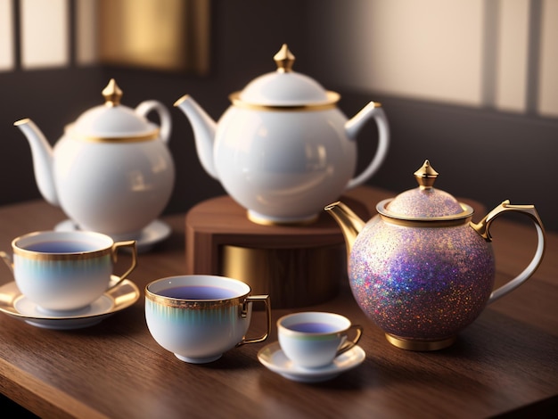 Un servizio da tè con teiere e tazze su un tavolo.