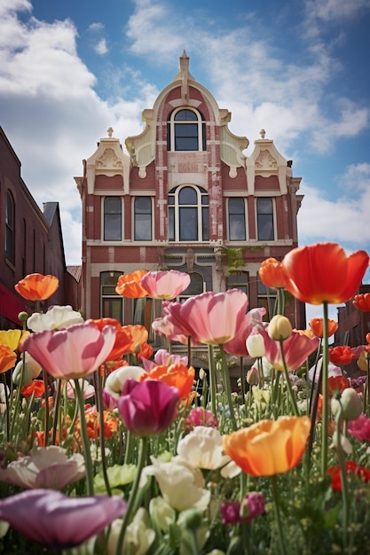 Un servizio fotografico architettonico incentrato su edifici e strutture circondati da fiori primaverili