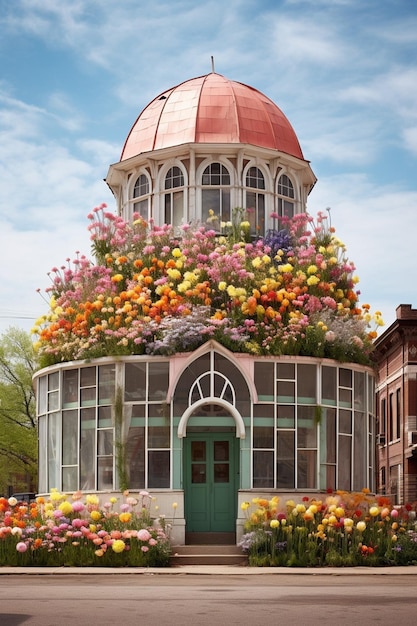 Un servizio fotografico architettonico incentrato su edifici e strutture circondati da fiori primaverili