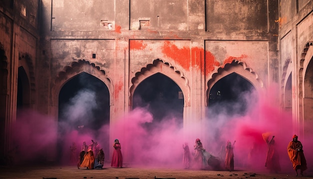 un servizio fotografico di una celebrazione di Holi in un vecchio forte