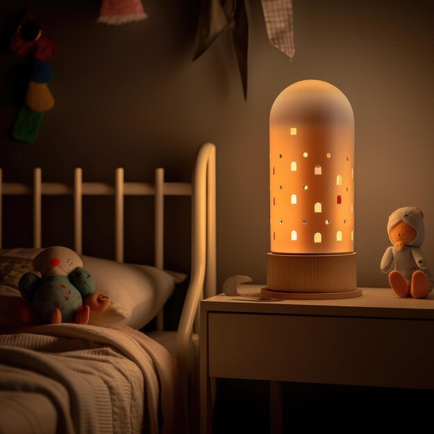 un servizio fotografico di una piccola luce notturna a forma di cilindro Generative Ai
