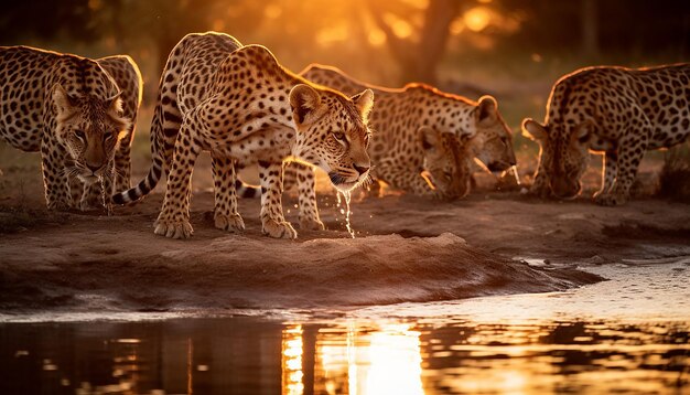 un servizio fotografico in un pozzo d'acqua occupato nella savana al tramonto