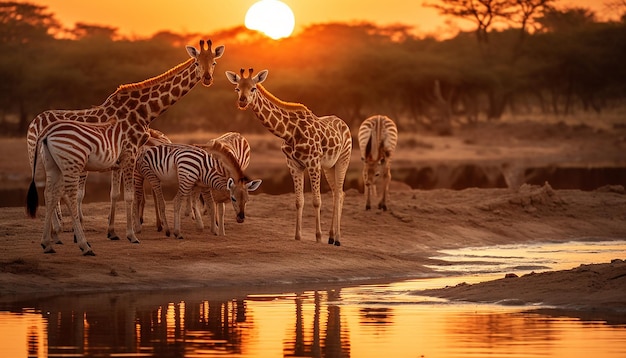 un servizio fotografico in un pozzo d'acqua occupato nella savana al tramonto