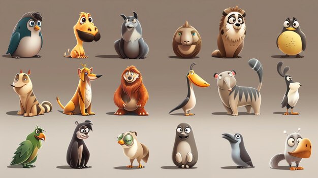 Un set di 12 carini animali carini e colorati I personaggi sono tutti di forme e dimensioni diverse e hanno una varietà di caratteristiche diverse