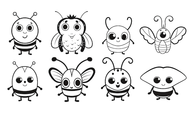 Un set di api dei cartoni animati con diverse espressioni