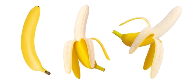 Un set di banane intere sbucciate isolato su sfondo bianco