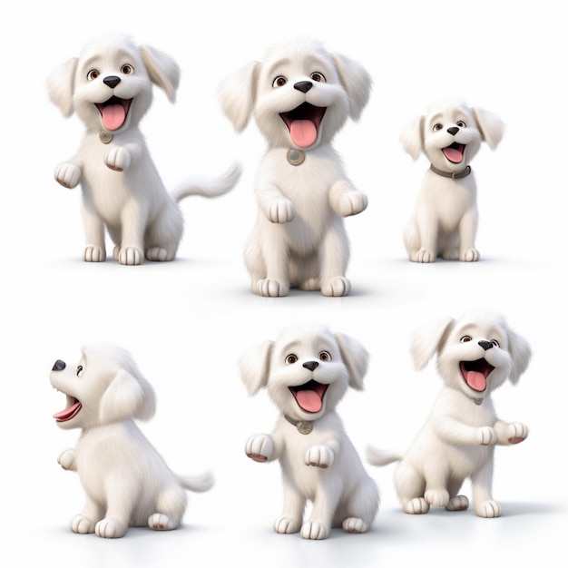 Un set di cani bianchi con diverse espressioni e la scritta "happy dog" sul fondo.