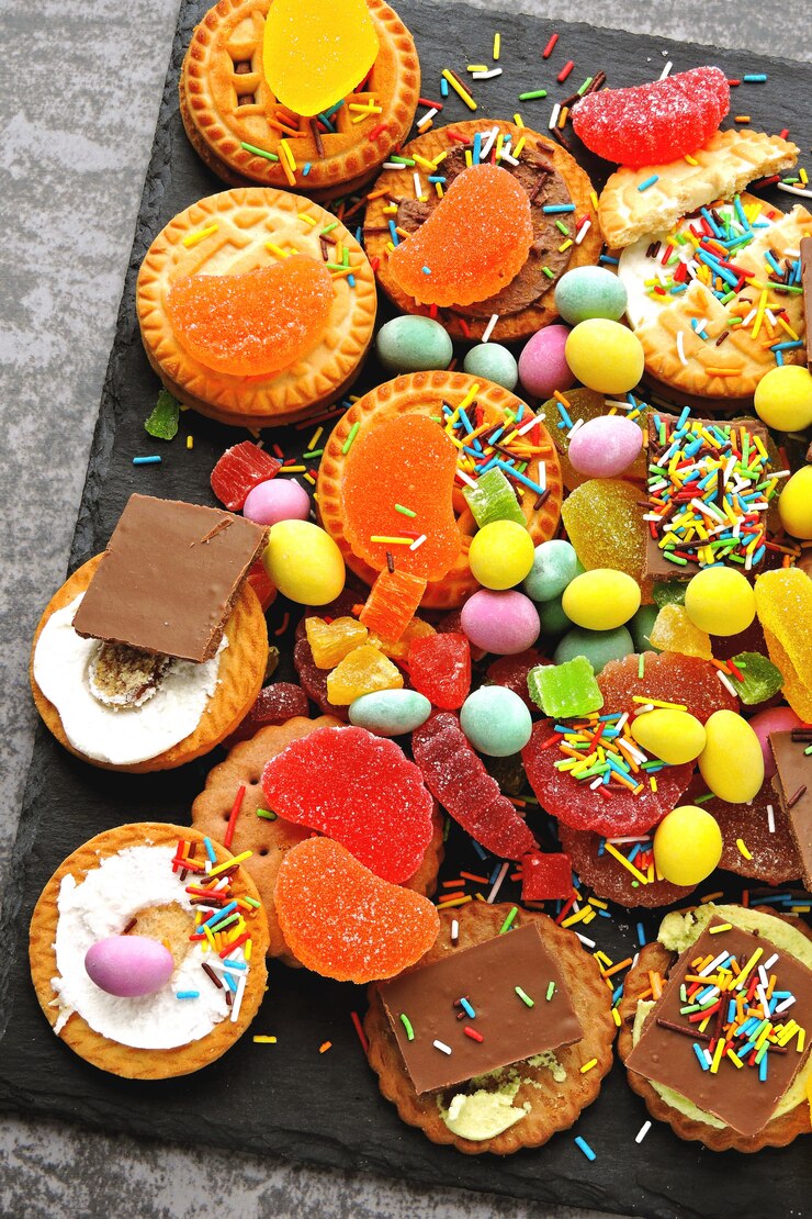 Un set di caramelle colorate e dolci. Celebrazione con i dolci. Cibo spazzatura.