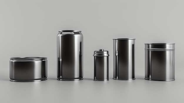 Un set di cinque contenitori metallici di diverse dimensioni I contenitori sono tutti d'argento e hanno una finitura lucida