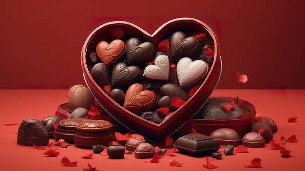 Un set di cioccolatini a forma d'amore in una scatola a forma di amore