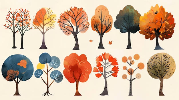 Un set di dieci alberi colorati e unici gli alberi sono tutti di forme e dimensioni diverse e sono tutti decorati con foglie di diversi colori