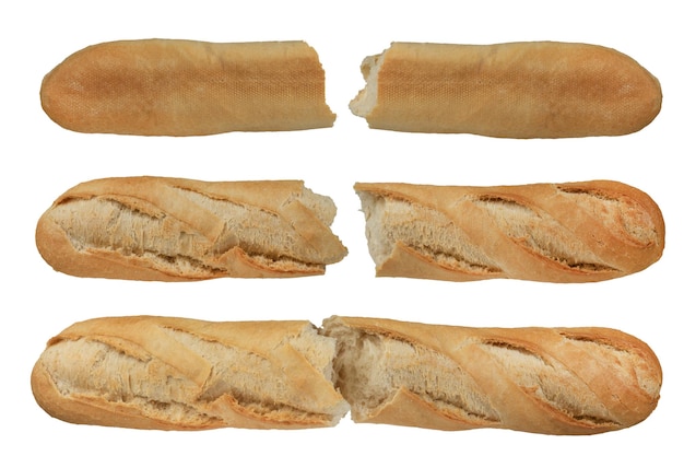 Un set di diverse pagne di pane bianco lungo isolato su uno sfondo bianco Pagna baguette croccante spezzata a metà per essere inserita in un disegno o progetto Foto di alta qualità