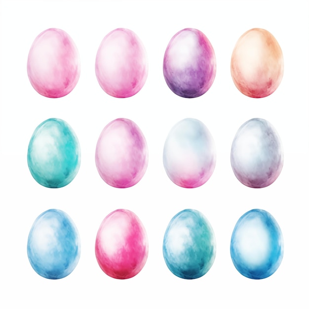 Un set di dodici uova di Pasqua ad acquerello in tonalità pastello morbide di rosa viola blu e pesco isolato su uno sfondo bianco