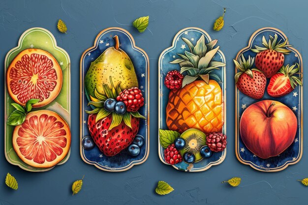 Un set di etichette per frutta e bacche su uno sfondo blu Etichette con disegni di frutta Un modello per il vostro prodotto Illustrazione