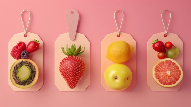 Un set di etichette per frutta e bacche su uno sfondo rosa Etichette con disegni di frutta Un modello per il vostro prodotto Illustrazione