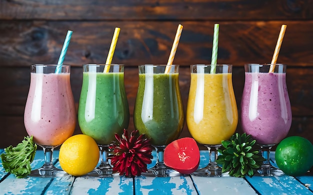 Un set di frullati di diversi colori in bicchieri su uno sfondo di legno cibo sano al bar