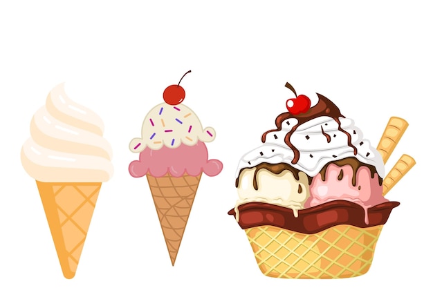 Un set di gelati in tazze di waffle con spruzzatura decorativa e con salsa di cioccolato e bacche