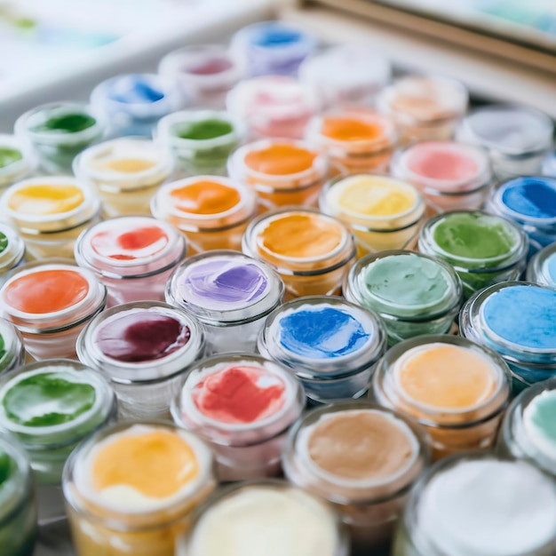 Un set di gouache colorate per dipingere con i numeri colori pastello disegnando su tela