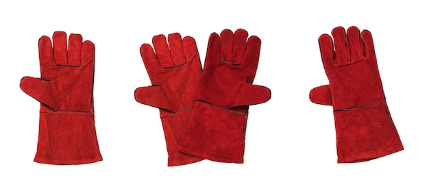 Un set di guanti rossi per il saldatore isolato su una superficie bianca. Accessorio protettivo per operazioni di saldatura.
