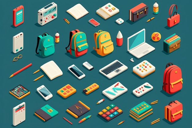 Un set di icone a tema scolastico con zaini, libri di testo, calcolatrici e altri elementi essenziali