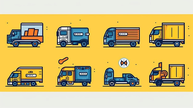 Un set di icone che mostrano la consegna in movimento e altri tipi di camion nello stile di scatti ad alto contrasto con lettere in grassetto Generative AI