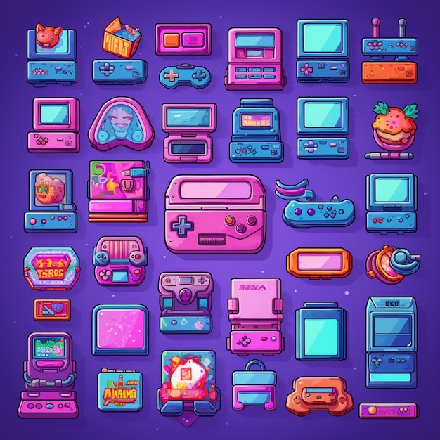 Un set di icone della console di gioco dei cartoni animati in uno sfondo viola ai generativo