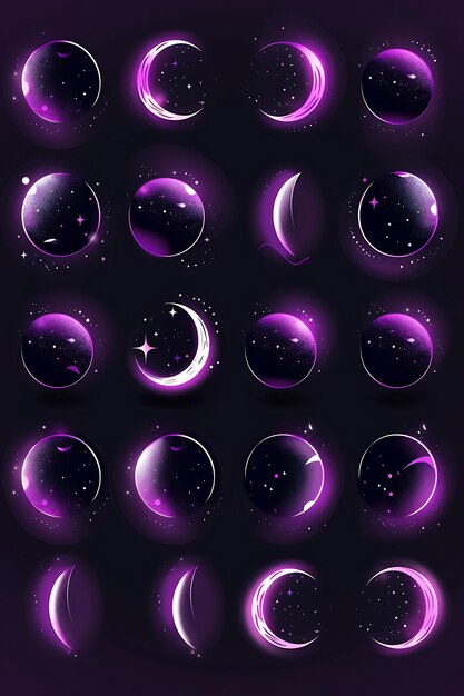 Un set di icone lunari con luminescenza tremolante in 16 bit P Outline Neon Shape Y2K Art Design