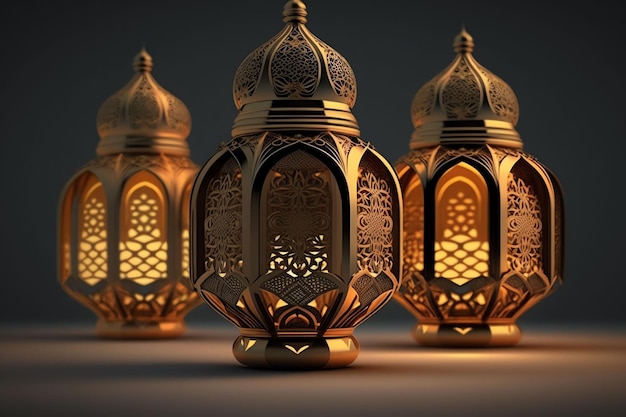 Un set di lanterne d'oro con la scritta eid al fitr sul fondo