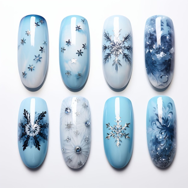 un set di nail art con fiocchi di neve sulle unghie