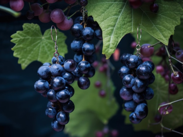 Un set di orecchini fatto di grappoli d'uva su un tavolo Immagine di intelligenza artificiale generativa