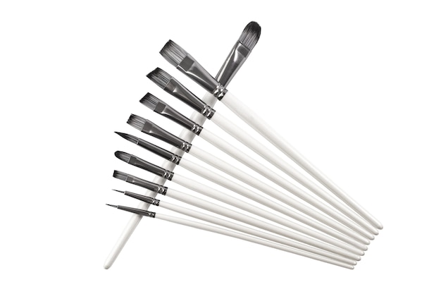 un set di pennelli artistici con setole naturali e un manico in legno isolato su un backgro bianco