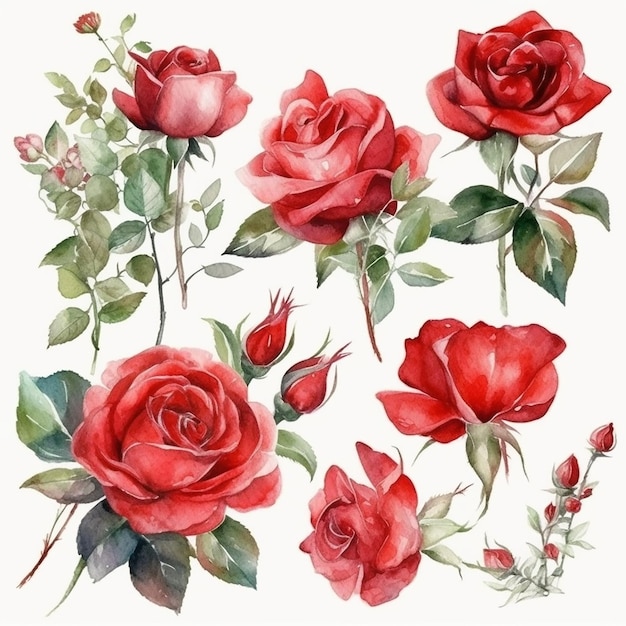 Un set di rose rosse e foglie verdi