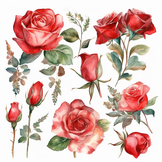 Un set di rose rosse e foglie verdi