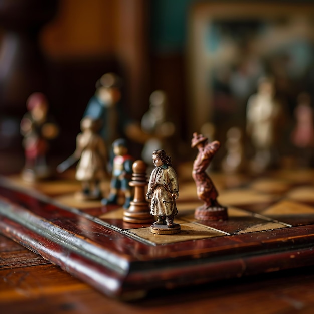 Un set di scacchi intricatamente dettagliato con pezzi che assomigliano a figure umane in miniatura bagnate in caldo