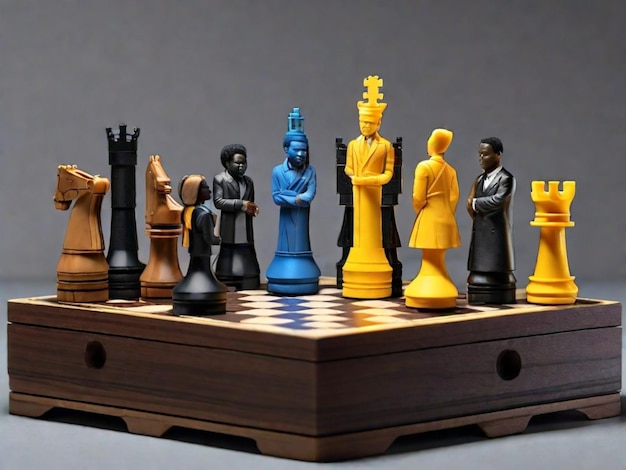 Un set di scacchi stampato in 3D con pezzi che rappresentano notevoli figure storiche nere come pezzi di scacchio Questo potrebbe includere leader artisti scienziati e altri individui influenti