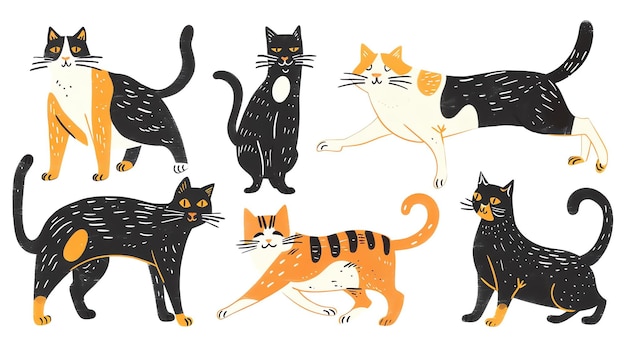 Un set di sei gatti carini e colorati in posizioni diverse I gatti sono tutti di colori diversi e hanno segni diversi