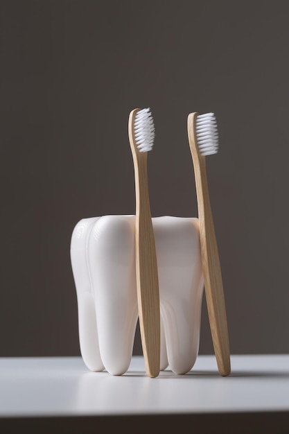 Un set di spazzolini ecologici in legno di bambù in un supporto a forma di dente.