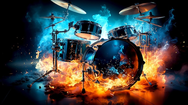 Un set di tamburi che sorgono dal fuoco blu arte astratta