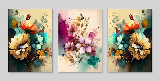 Un set di tre opere d'arte incorniciate con fiori.