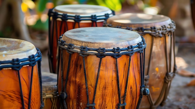 Un set di tre tamburi africani I tamburi sono fatti di legno e hanno una finitura naturale Sono decorati con corda nera