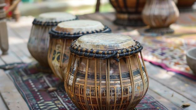 Un set di tre tamburi tradizionali con un bellissimo disegno sul corpo I tamburi sono posizionati su un tavolo di legno