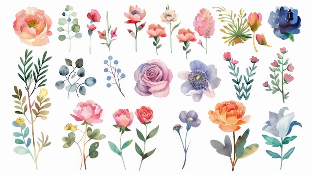 Un set illustrativo di acquerelli, erbe, anemone e rose, foglie, fiori e rami vintage colorati, illustrazione moderna